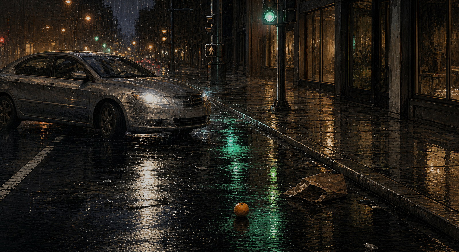 A silver car stopped at the wrong angle on a rain-dark city street while an orange rolls from a torn paper sack beneath a green light.