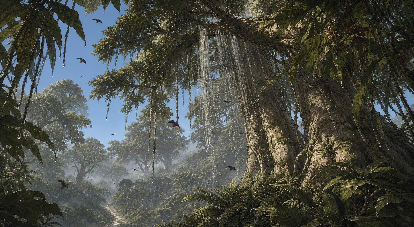 The immense Thornwood canopy releasing stored rain beneath a clear blue sky above the old road.
