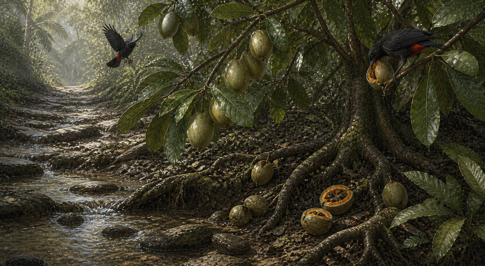 Dark birds with red tail patches feeding on green-gold fruit whose split skin reveals orange flesh and black seeds.