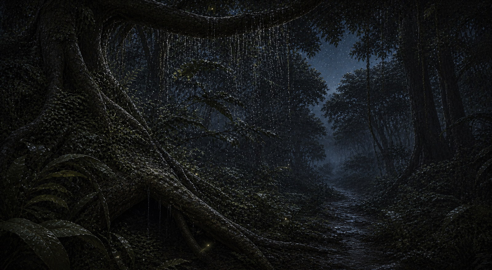 The black Thornwood at night releasing rain beneath narrow scraps of starlit sky while the road fades beyond the roots.