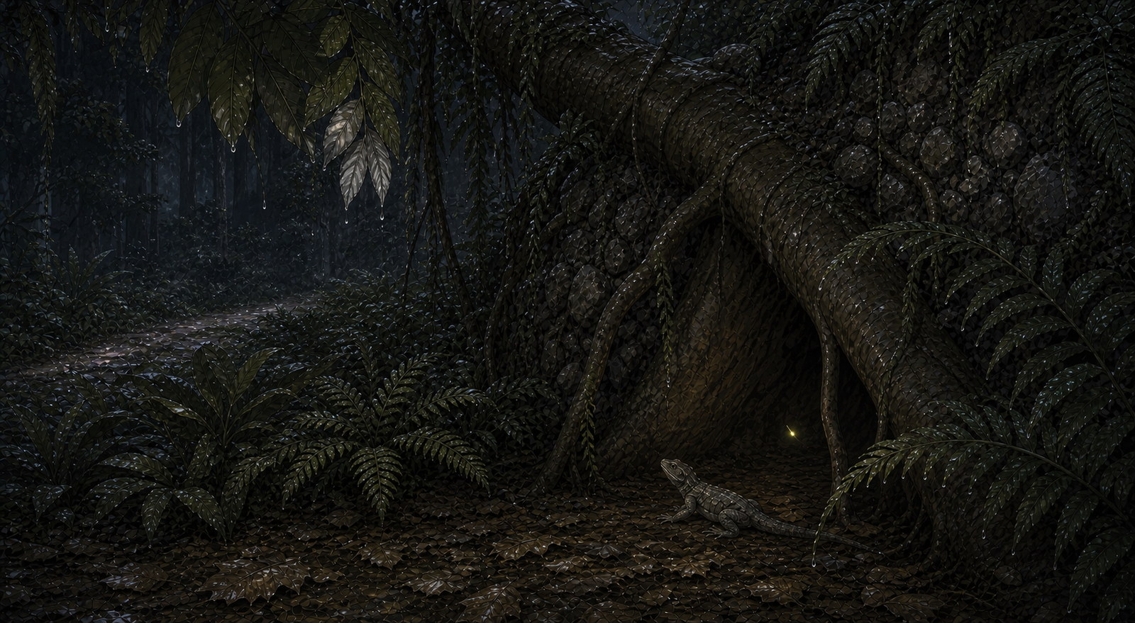 A small grey lizard returning to the dark root shelter while the old road remains a pale line beyond wet ferns.
