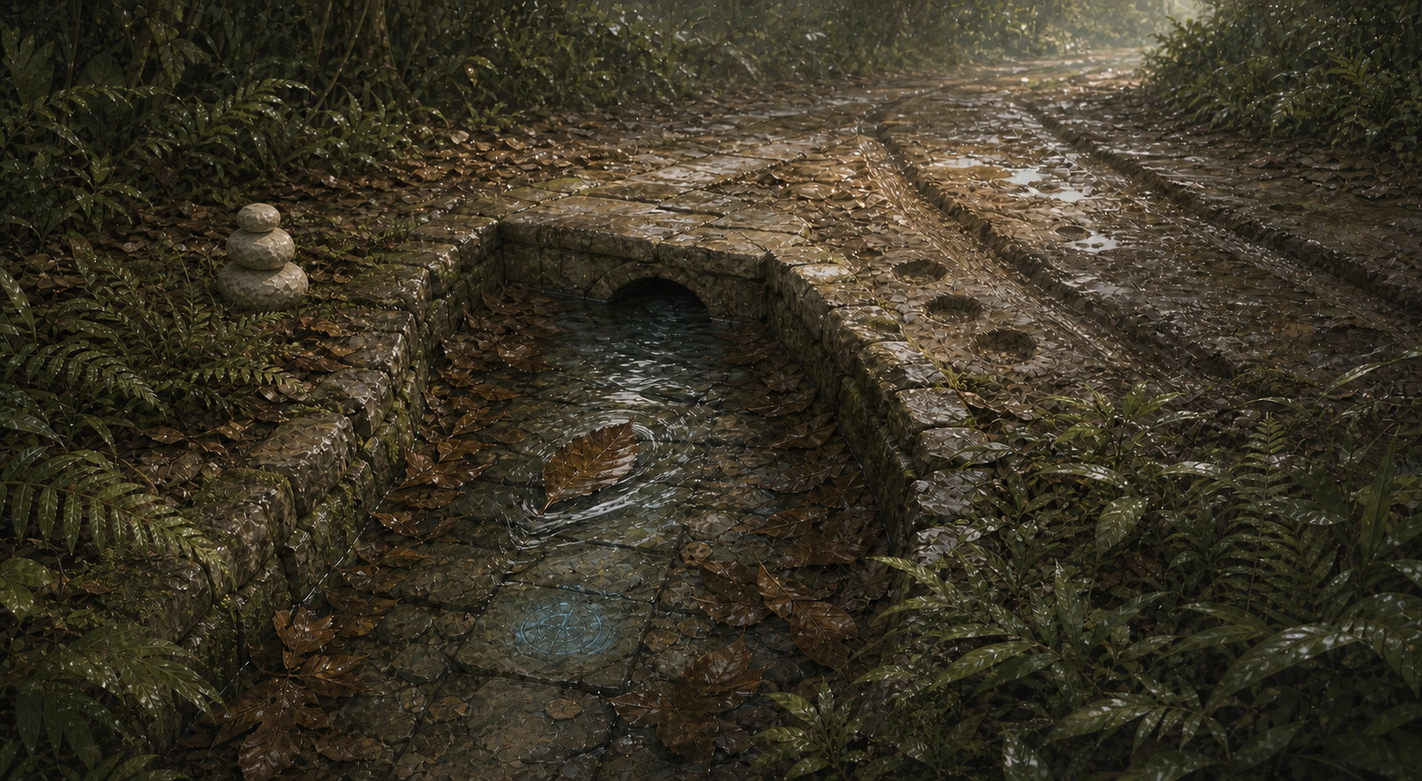 A blue glyph glowing beneath a forest drainage channel as water carries a brown leaf uphill toward a stone culvert beside Jack's three-stone marker.