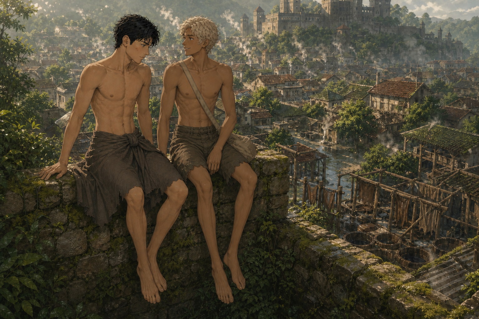 Jack and Caleo sit on the mossy old wall above the tiled roofs and steaming lanes of Briartown, with Thornfield's fortress towers beyond.