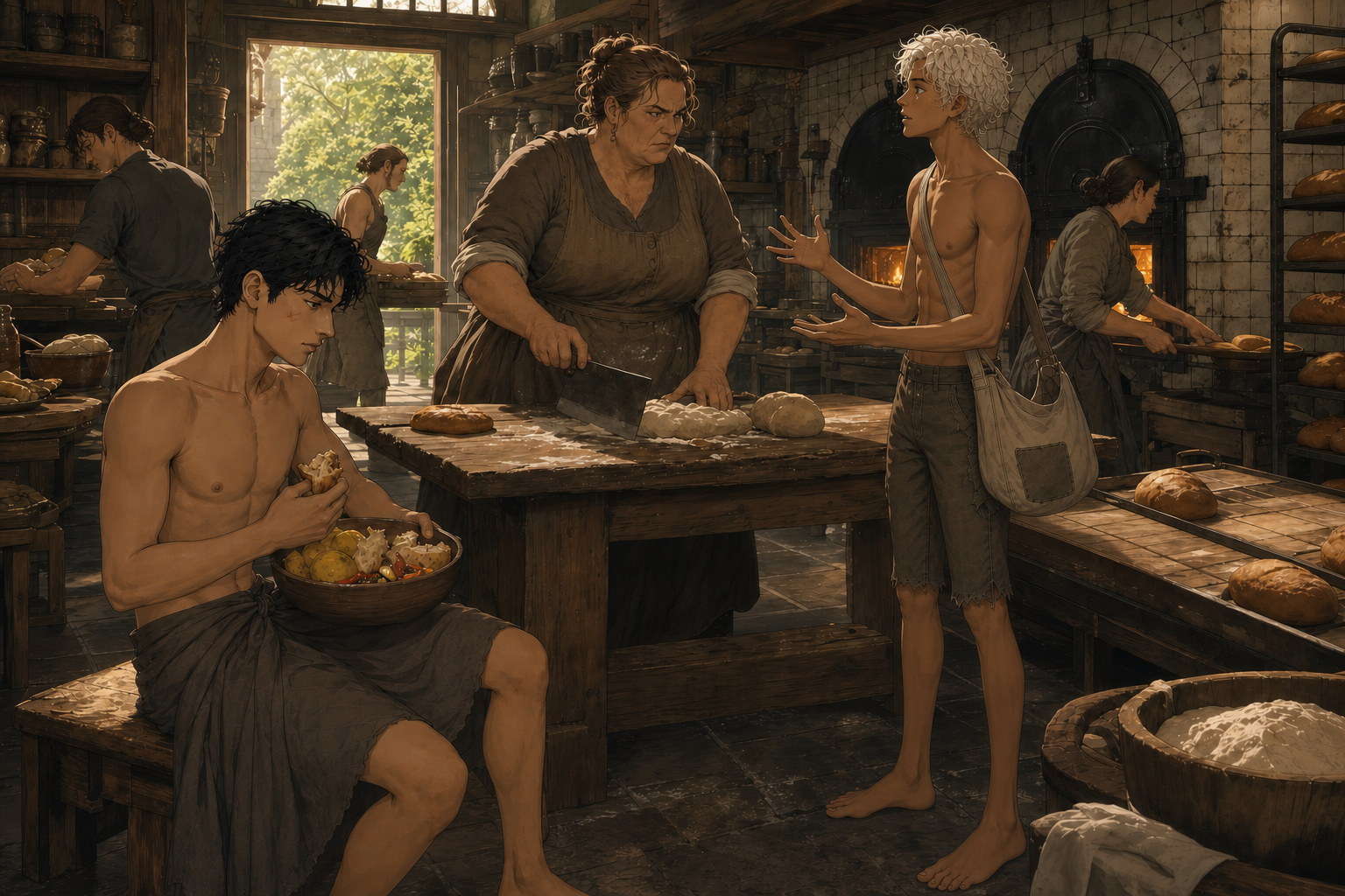 Jack eats a desperately needed breakfast while Caleo excitedly explains finding him to Mrs. Gowrie in her busy working bakery.