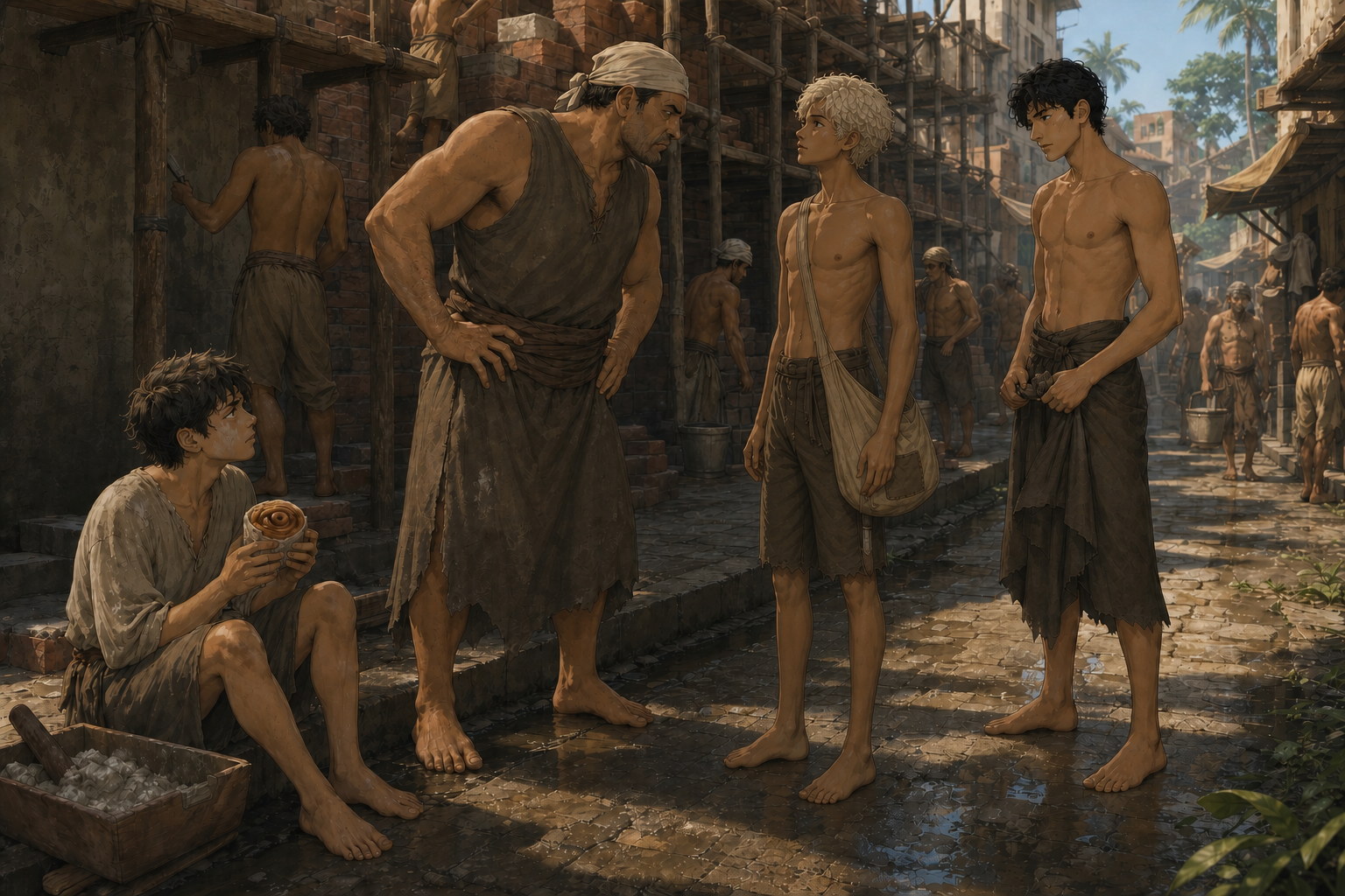 Caleo calmly confronts a broad mason while the exhausted apprentice Ren sits with a cinnamon roll and Jack watches from the wet workers' lane.