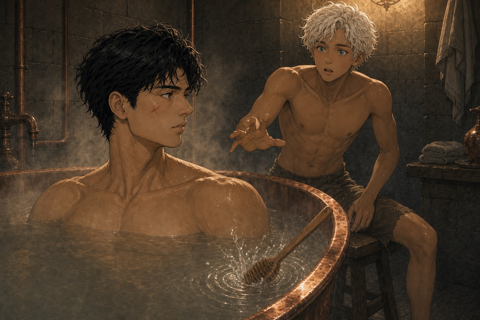 The wooden brush strikes the steaming bathwater between Jack and a startled Caleo after Jack gives the name Drake.