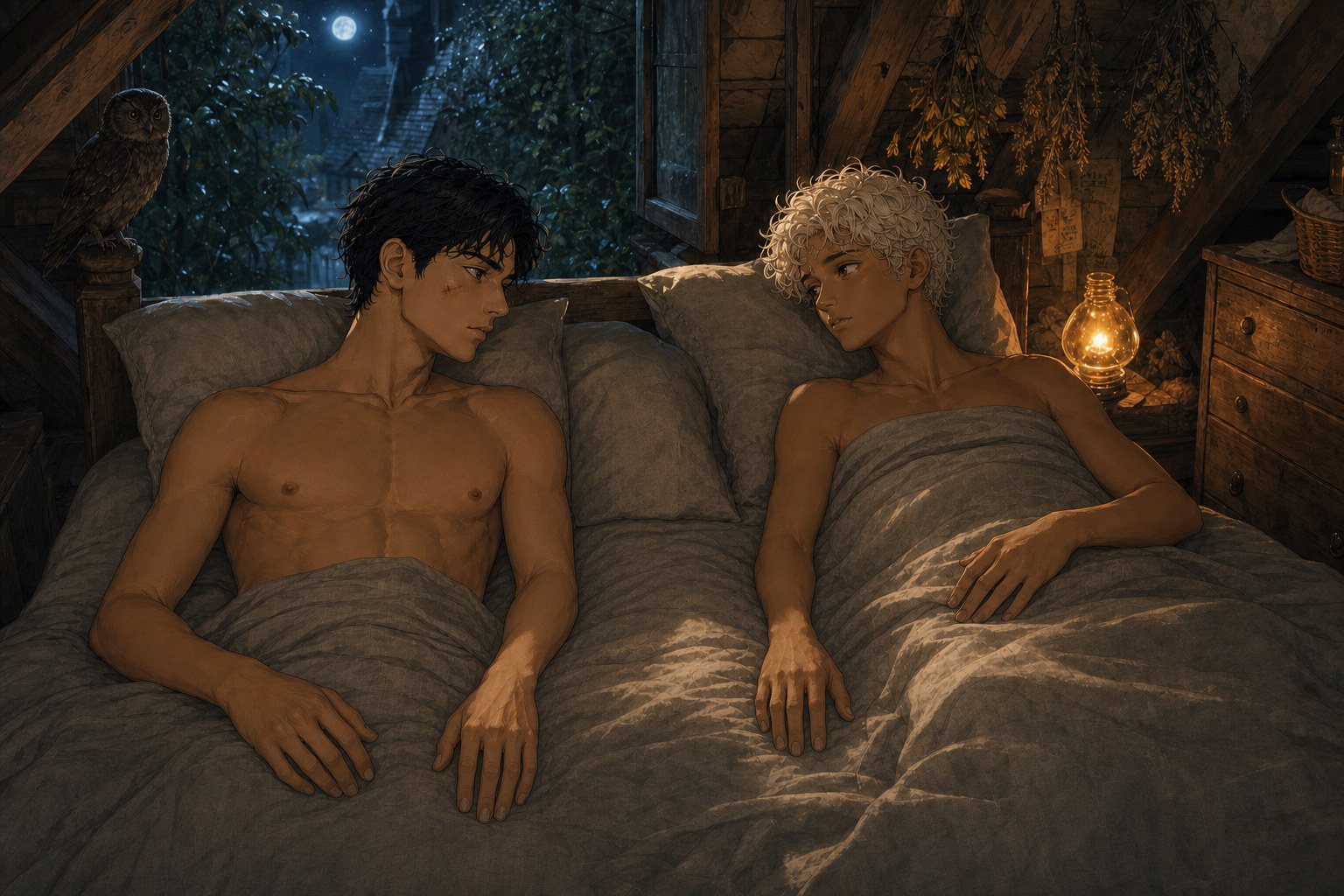 Jack and Caleo lie beneath shared linen in the bakery attic, their relaxed hands separated by a narrow gap while Percy watches beside the moonlit window.