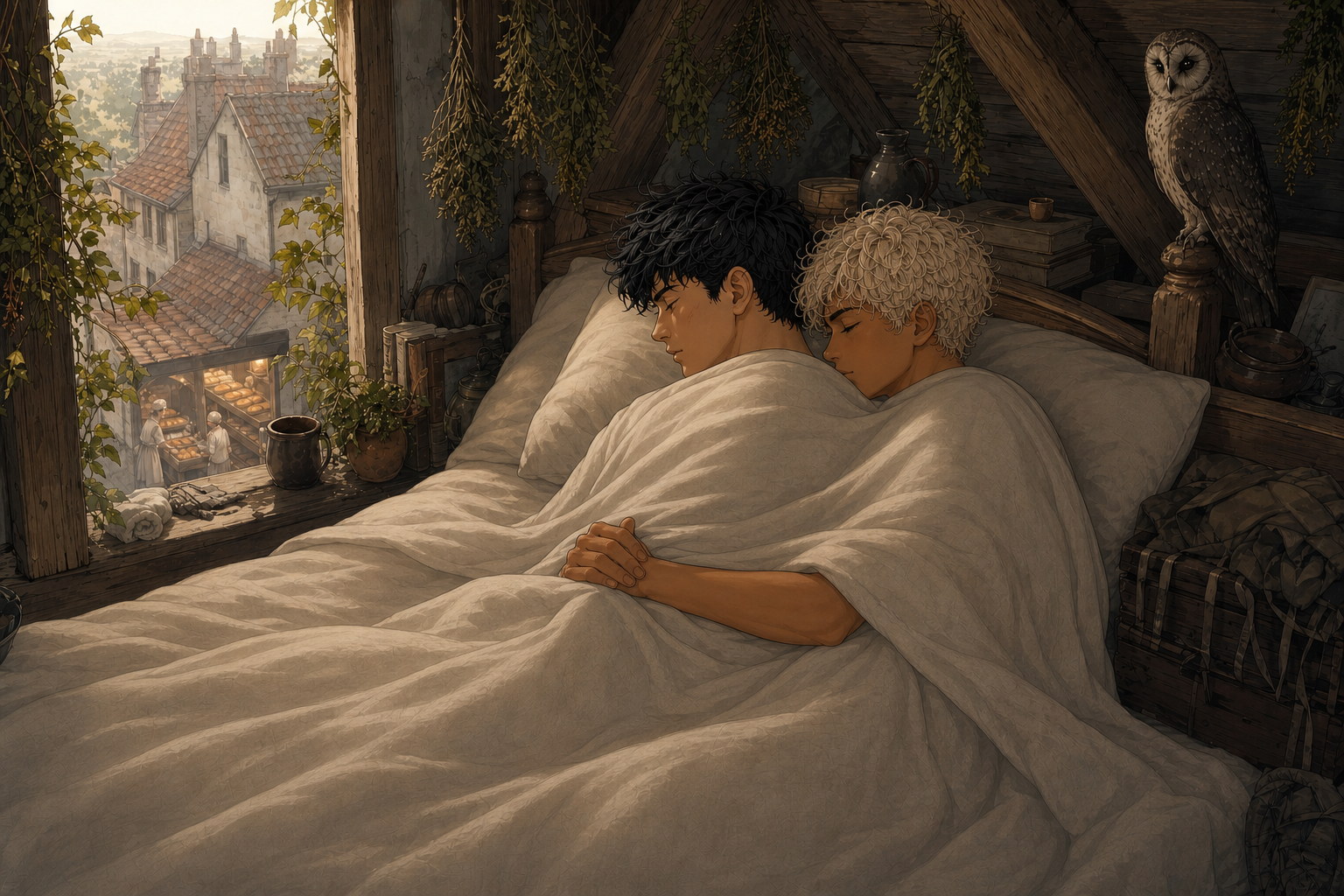 Jack and Caleo rest beneath a shared linen blanket in the bakery attic, Caleo curled safely behind Jack while Percy watches from the bedpost.