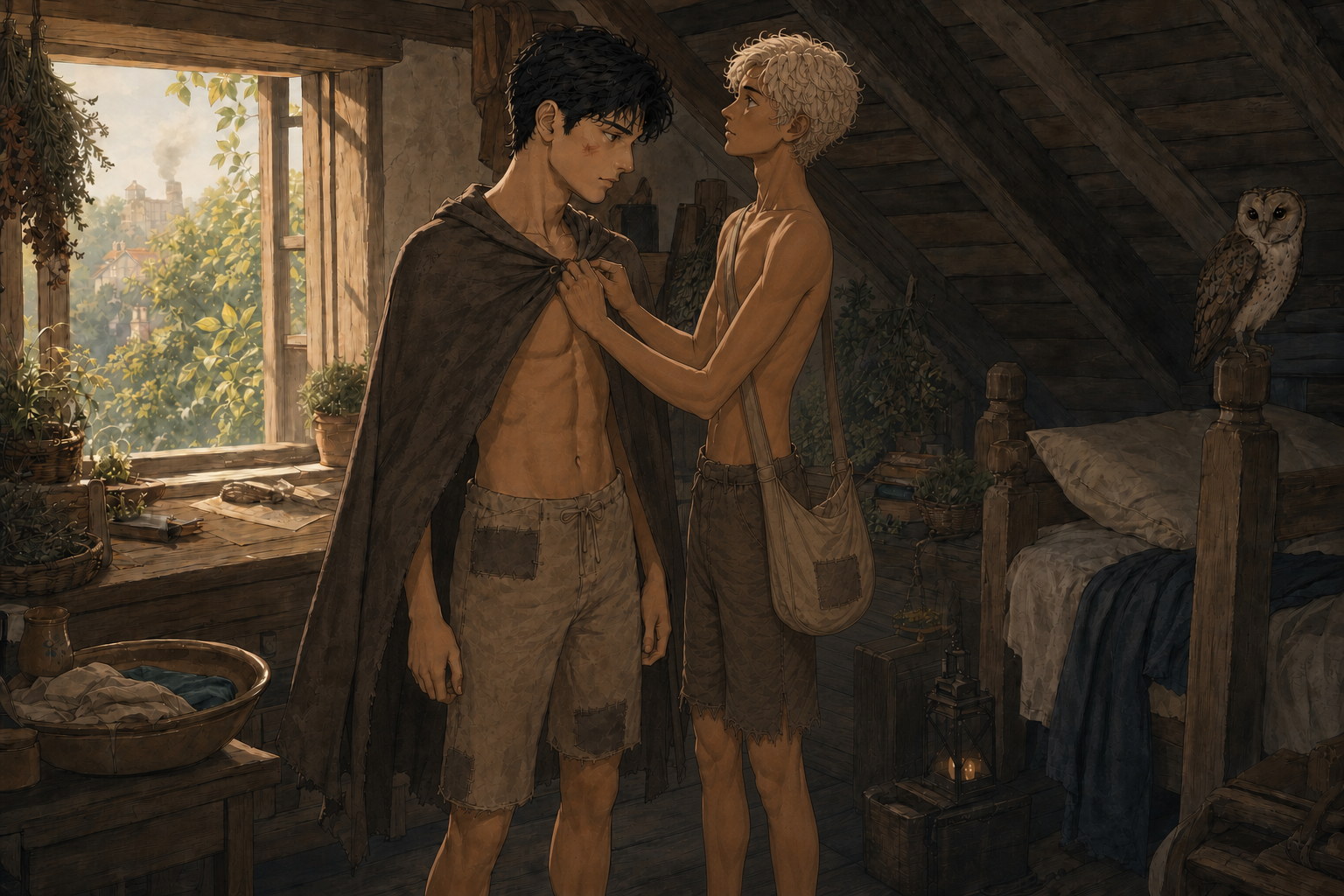 Caleo adjusts his old brown cloak around Jack's shoulders in the warm attic before their walk to Thornfield.
