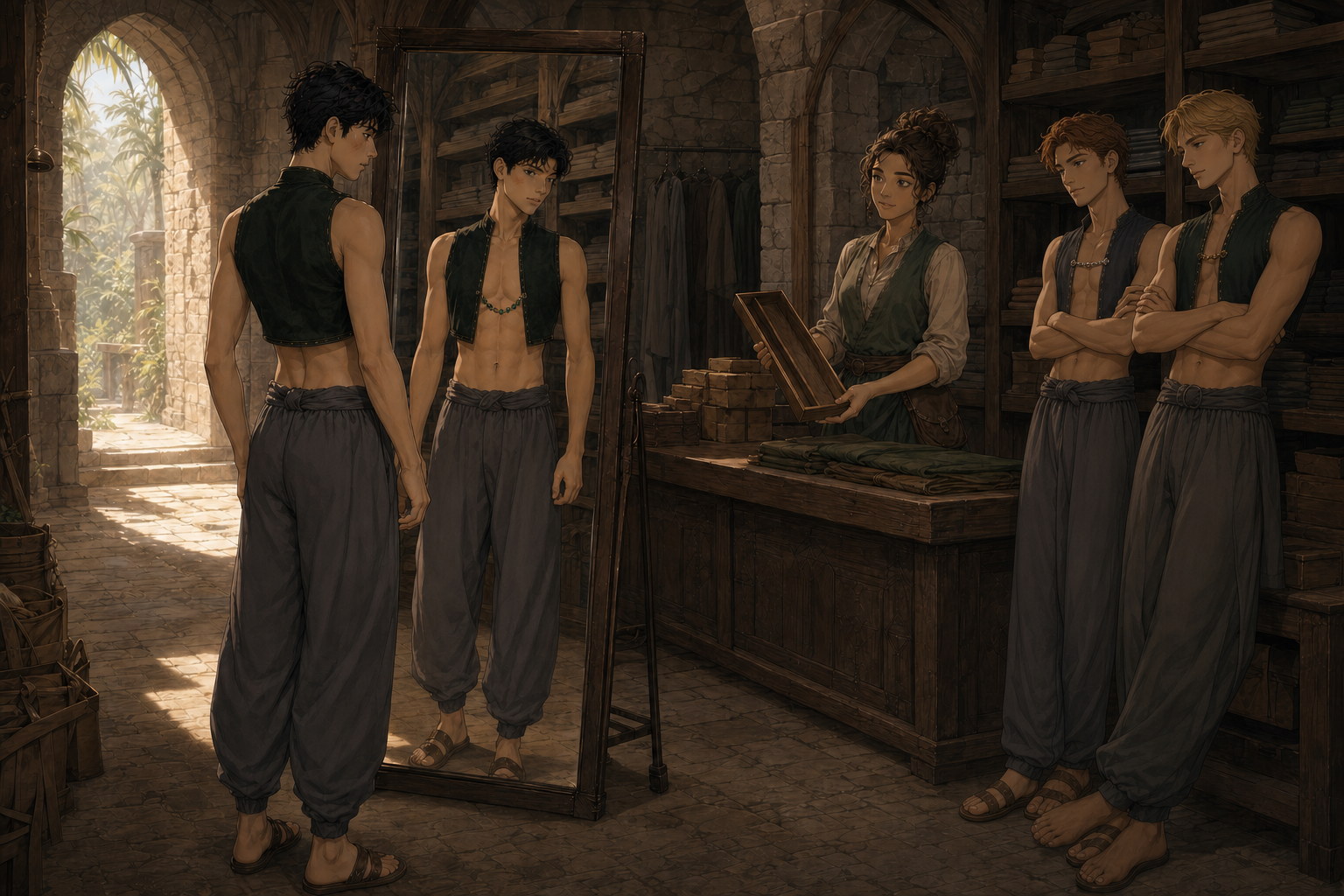 Jack studies his narrow reflection in Thornfield's tiny green vest and loose gray trousers as a gold chain set with emeralds crosses his chest.