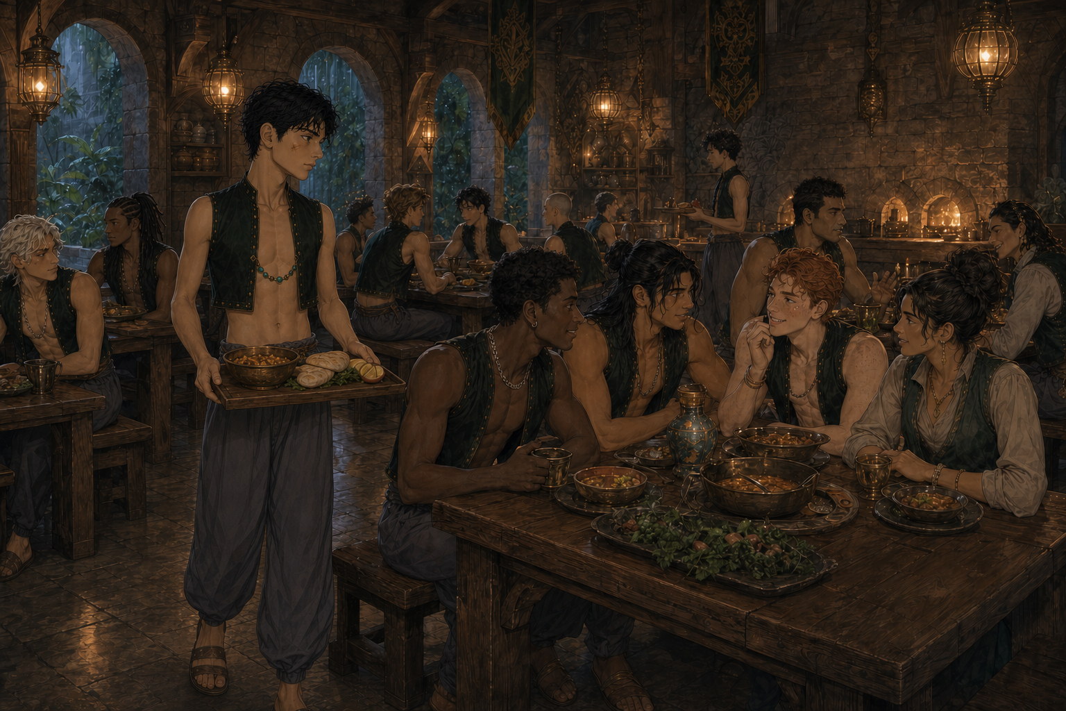 Jack carries his supper tray through Thornfield's crowded old great hall, passing distinct groups of students beneath warm enchanted globes while his emerald chain draws curious glances.