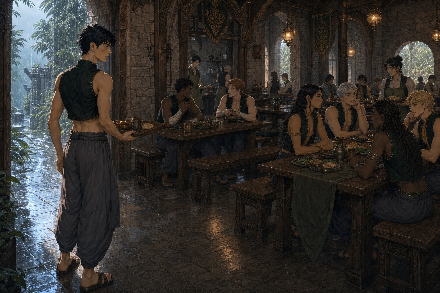 Jack pauses at the rain-bright dining-hall threshold with his breakfast tray and searches several already claimed, visibly varied tables for one safe person to ask for help.