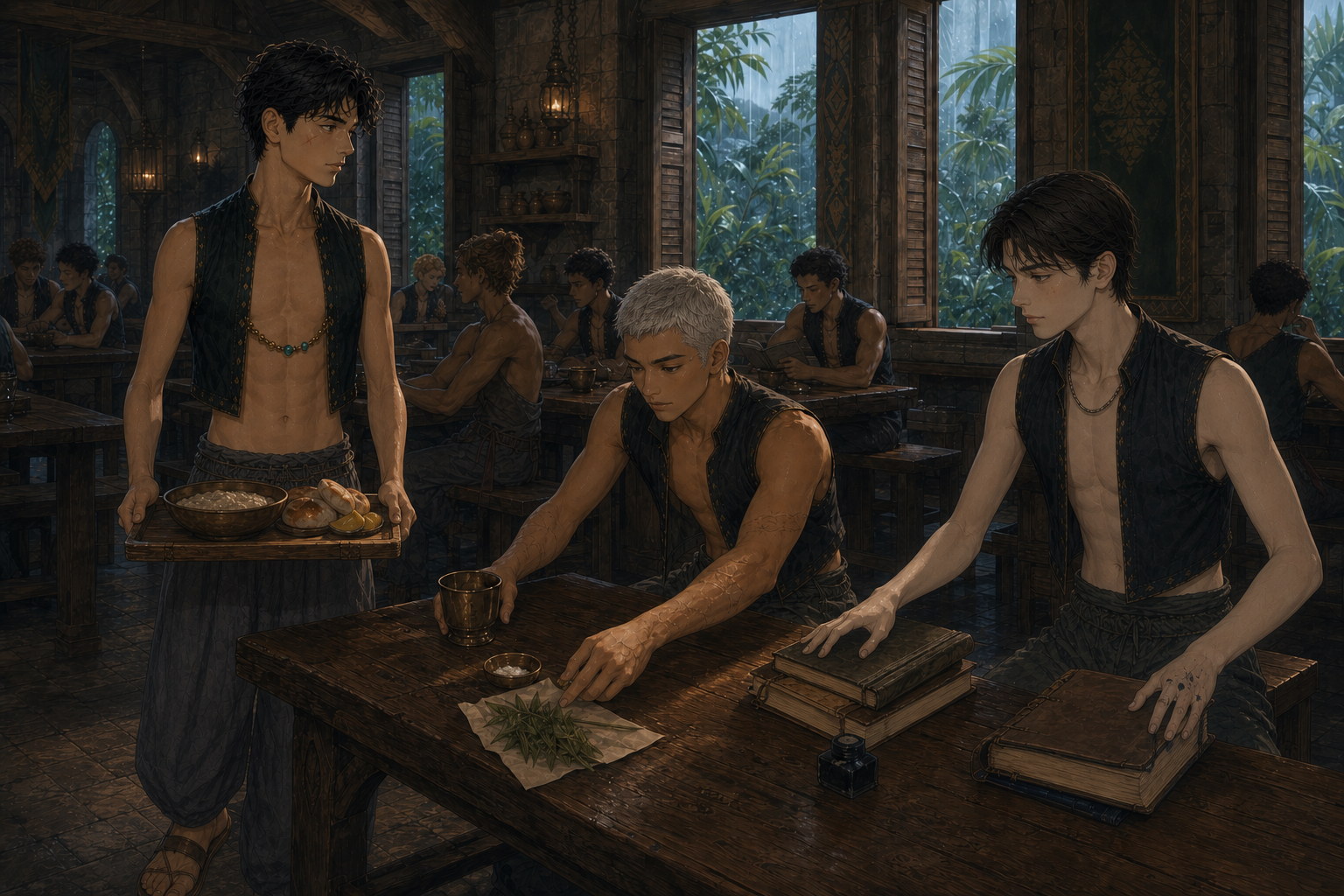 Jack approaches Finn and Edric's lower-hall table with his breakfast tray as the two boys quietly move herbs, books, and dishes to make him a complete place.