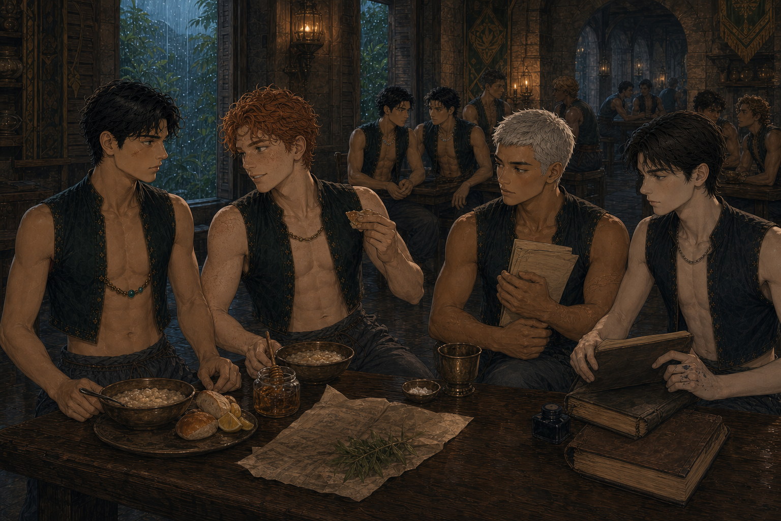 Freckled, red-haired Kai sits close beside Jack and indicates him with a piece of bread while Finn and Edric watch from across the crowded breakfast table.