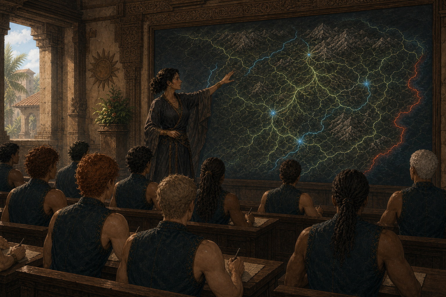 Professor Voss stands before a luminous enchanted map of roads, rivers, mountains, and borders while the history class watches from their tiered benches.