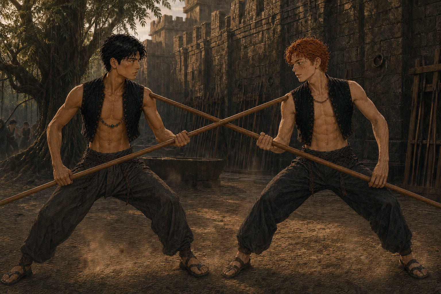 Jack and Kai face one another in the East Yard, each gripping his own quarterstaff with both hands as the two staffs cross between their simultaneous controlled touches.