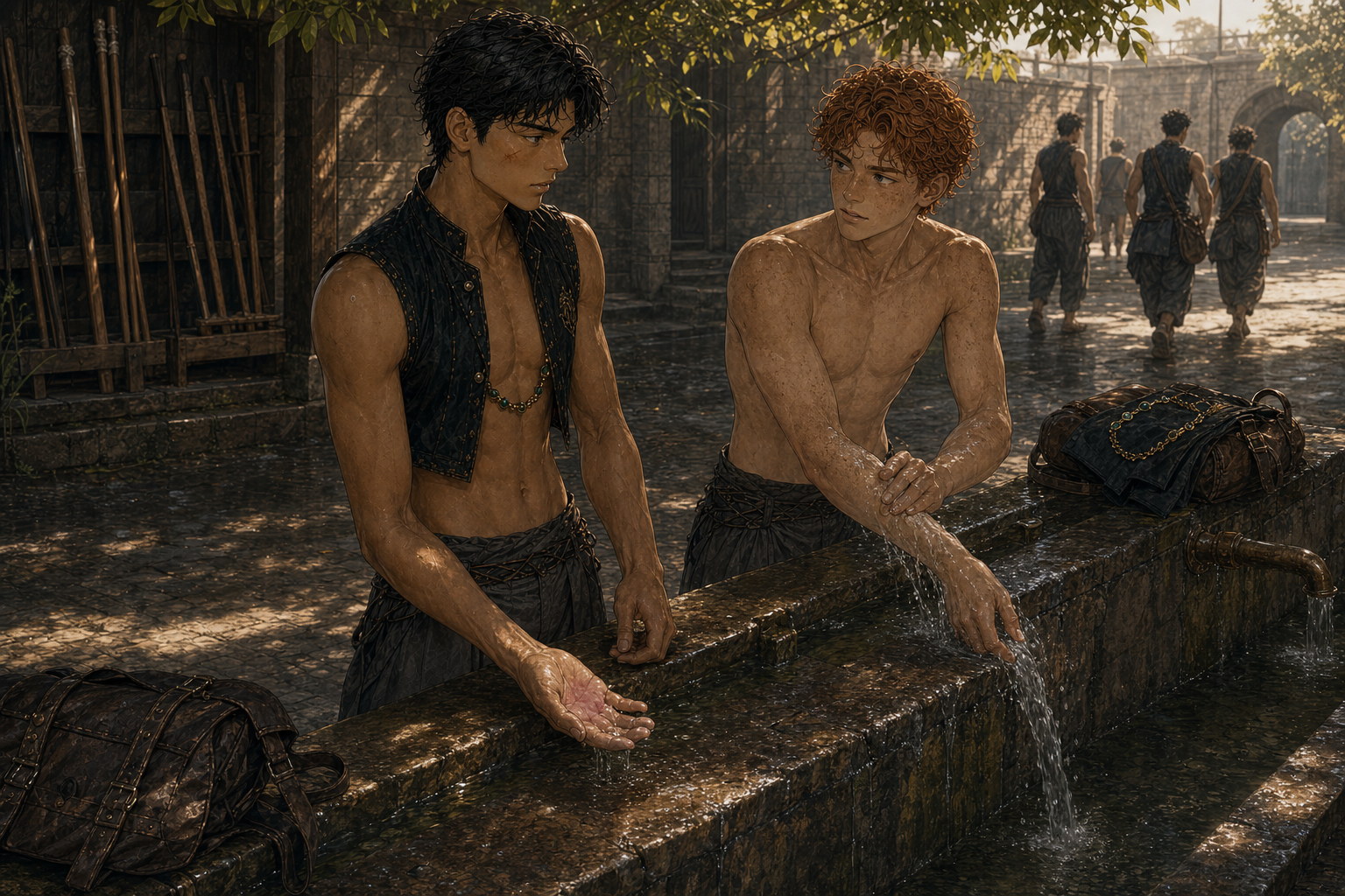 Jack rinses his opened palm at the East Yard water trough while shirtless Kai washes his dusty forearms and remains beside him after the class has begun to leave.