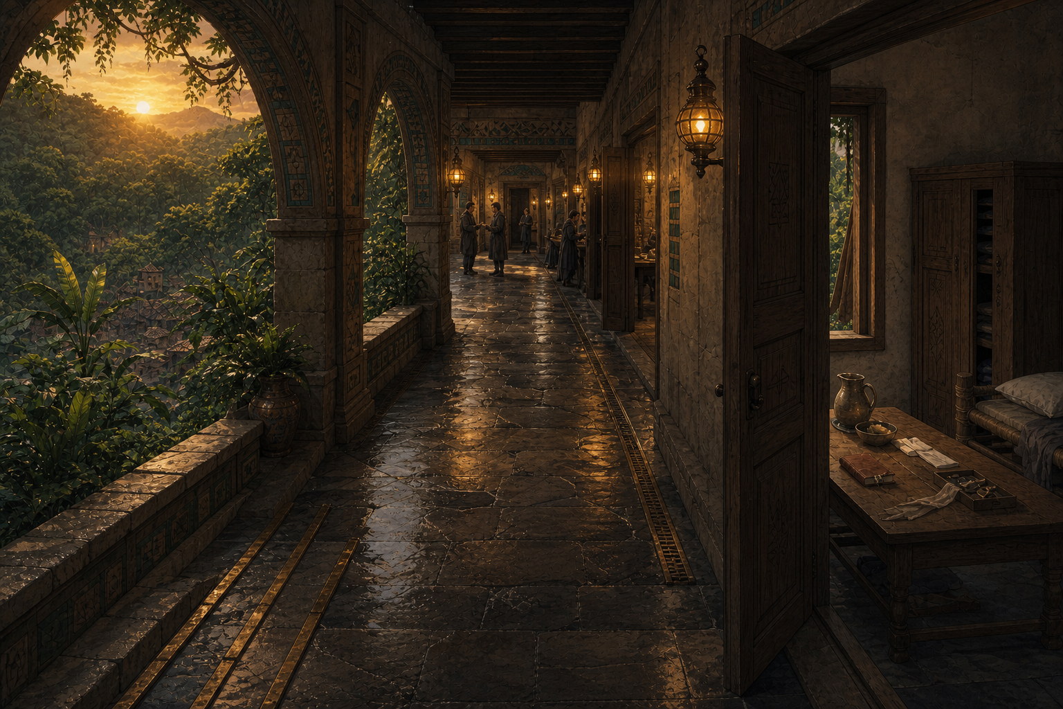 Green-gold evening settles over Thornfield's rain-wet South Wing gallery as bronze-caged globes wake and the quiet doorway of room twelve opens beside the ordinary movement of students.