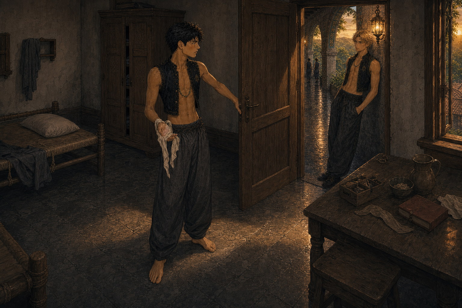 Jack stands openly inside his full-sized private room with linen around his injured palm while dirty-blond Dorian waits outside beneath the gallery lamp, his older emerald chain visible across the threshold.
