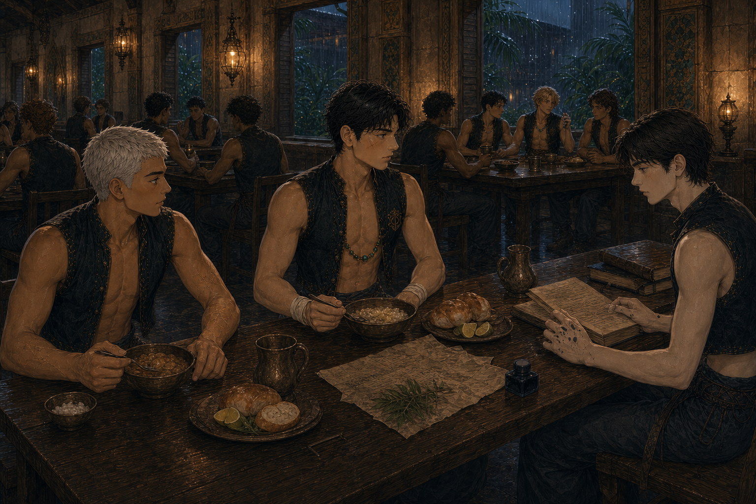 At supper, Jack turns his attention toward Finn and Edric at their book-strewn table while Dorian watches from the popular table beneath the distant windows.