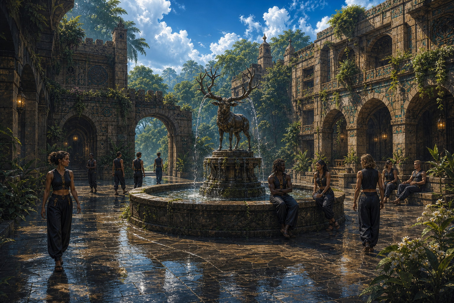 Thornfield's rain-wet parade ground opens around an ancient broad stone fountain where water falls from the lowered antlers of a bronze hart, while a diverse scattering of Academy students crosses beneath vine-covered fortress arcades.