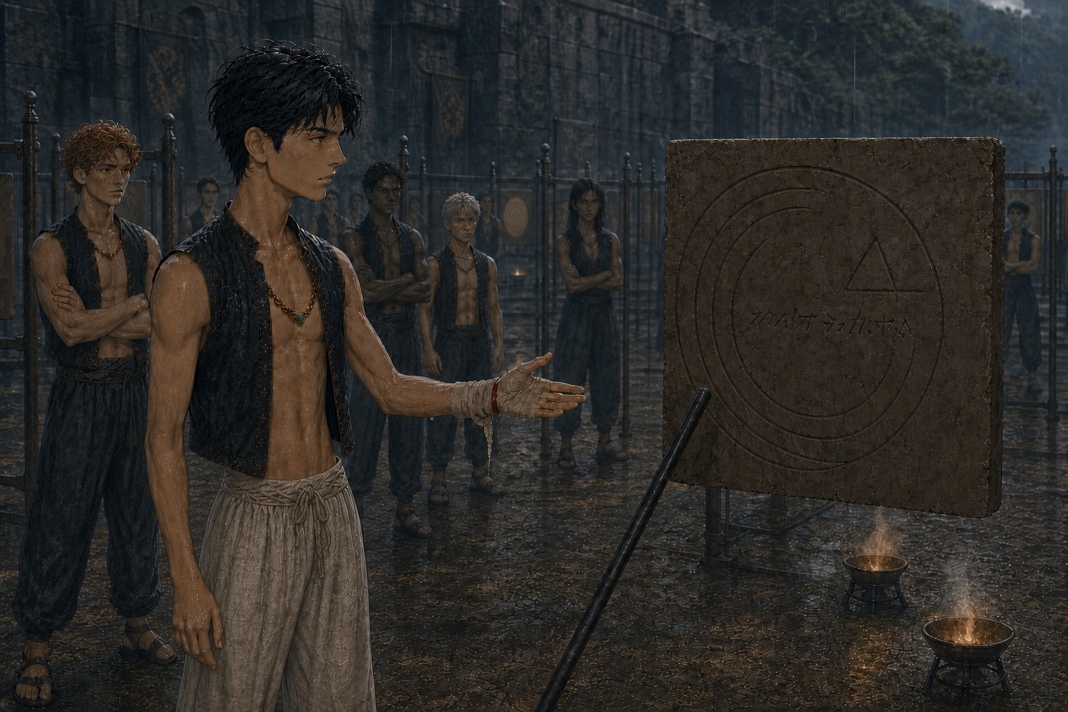 Soaked and bandaged, Jack extends one hand toward a completely inert clay receiving-ward plate while Kai and the short silver-haired Finn stand among the watching students behind him.