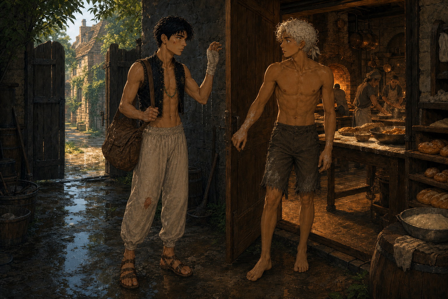 In Mrs. Gowrie's open bakery yard, exhausted Jack raises his bandaged hand to knock as barefoot Caleo opens the kitchen door and makes room for him beside the warm working ovens.