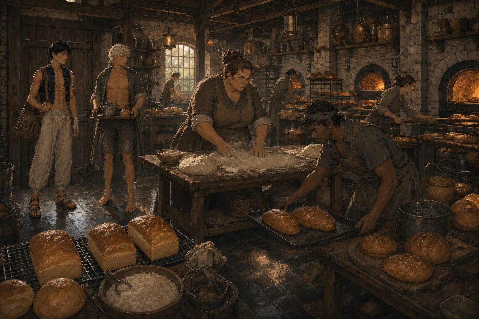 Mrs. Gowrie works dough at the center of her large, warmly lit bakery while employees tend ovens and bread; nearby, Caleo carries broth and a loaf as the soaked and bandaged Jack stands inside the barred rear door.