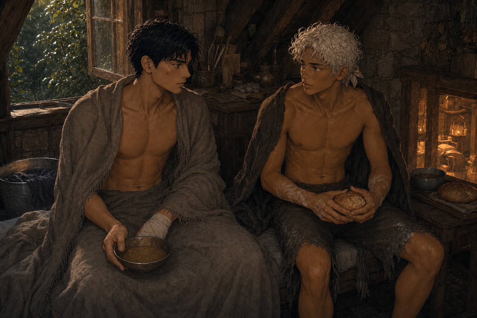 Wrapped securely in a blanket, Jack lowers a bowl of broth and searches Caleo's face while Caleo sits beside him holding bread in both hands and considering an answer he cannot make simple.