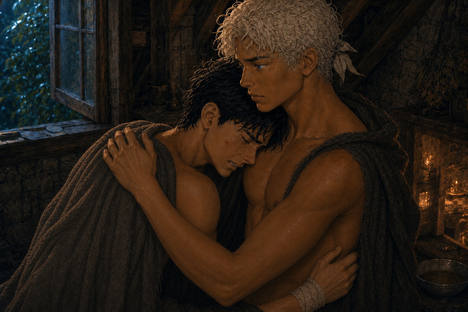 Jack sobs against Caleo's shoulder beneath the gathered blanket while blue-eyed Caleo holds him firmly, their arms clearly separated in the warm attic light as evening gathers outside.