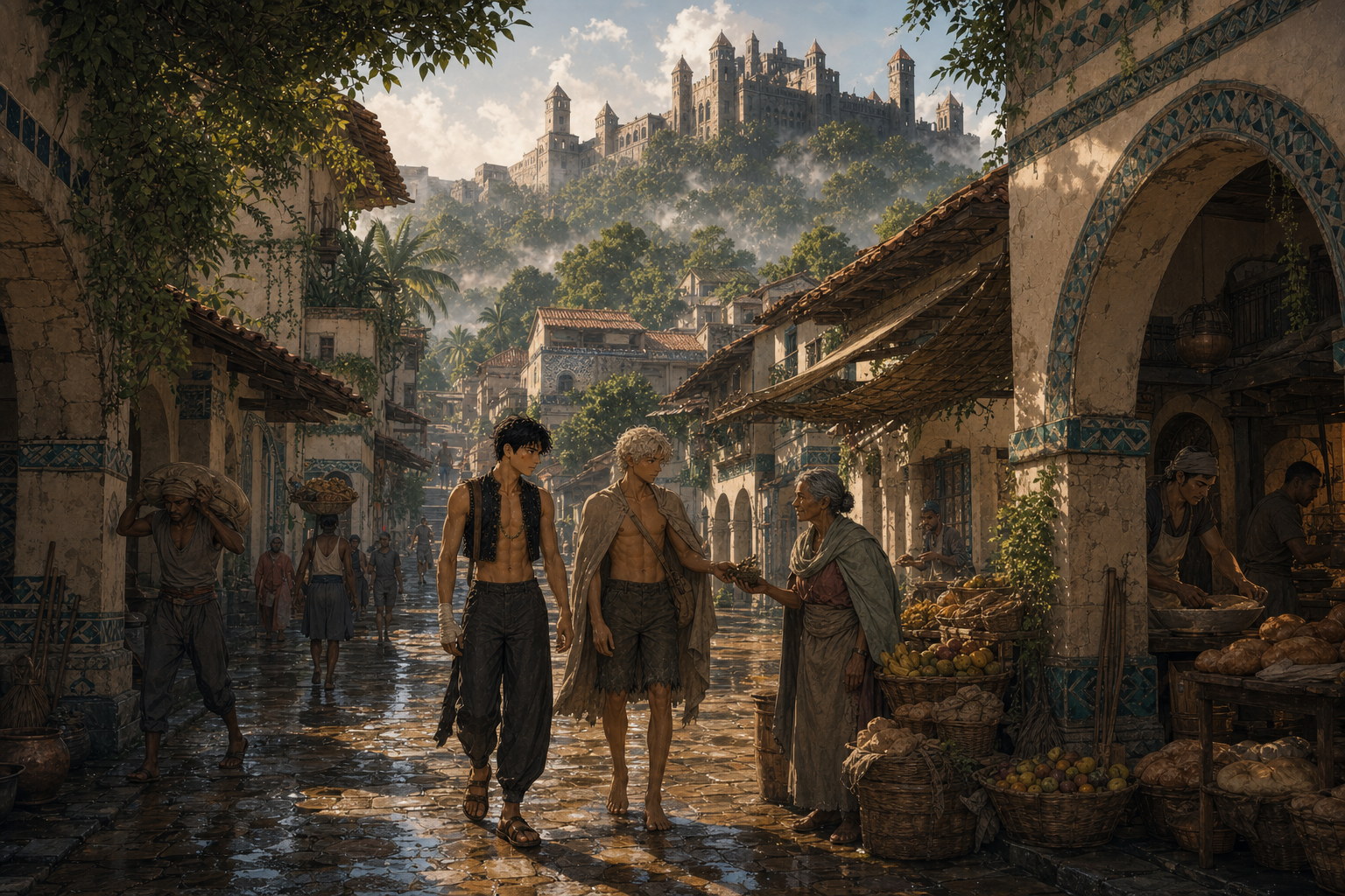 Jack and Caleo walk together through rain-washed Briartown as the morning market opens and an older woman presses dried berries into Caleo's hand; above the mist and tropical canopy, the black-stone towers of Thornfield catch the first sunlight.