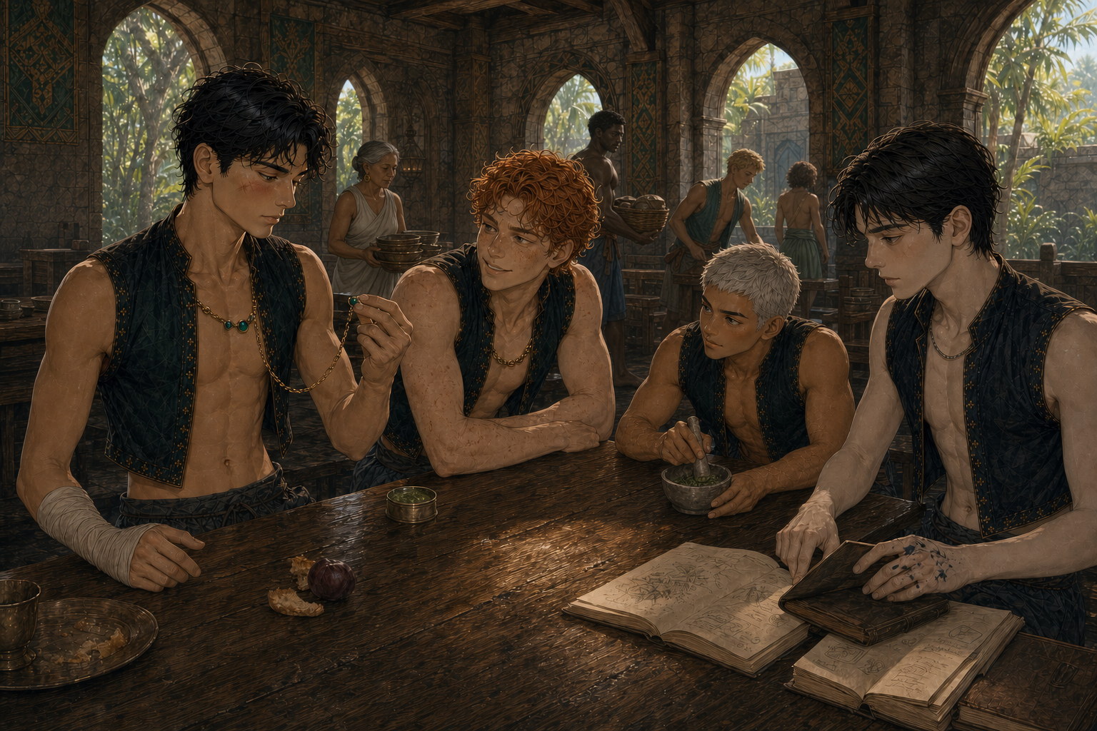 At the lower dining-hall table, a blushing Jack holds one emerald from his chain while Kai smiles knowingly; Finn grinds green salve beside them and Edric waits with three open notebooks.