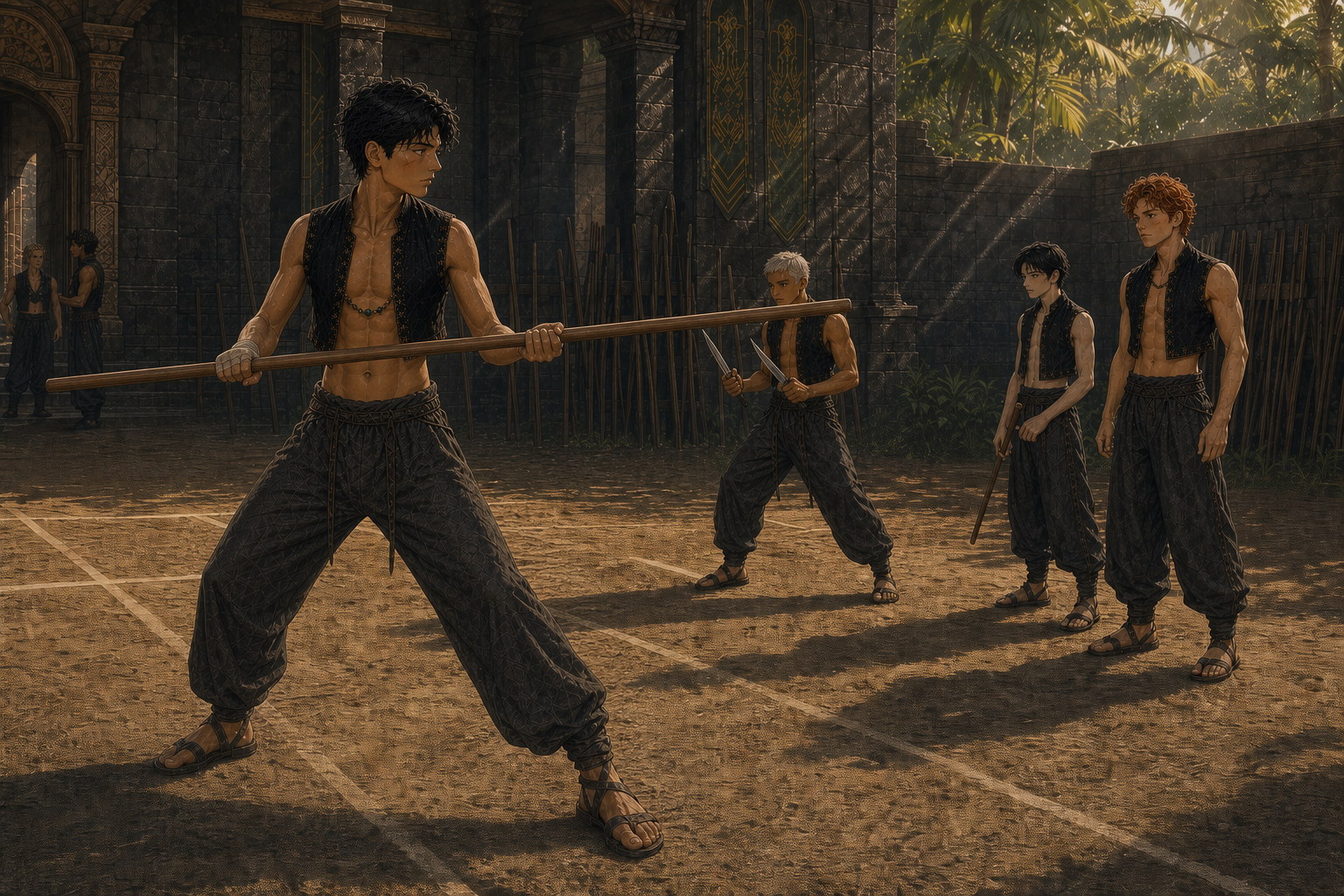 In Thornfield's sunlit East Yard, the bandaged Jack stops a plain ash staff with both hands at the end of a compact recovery while Finn, Edric, and Kai watch from the neighboring rank and Dorian observes from across the yard.