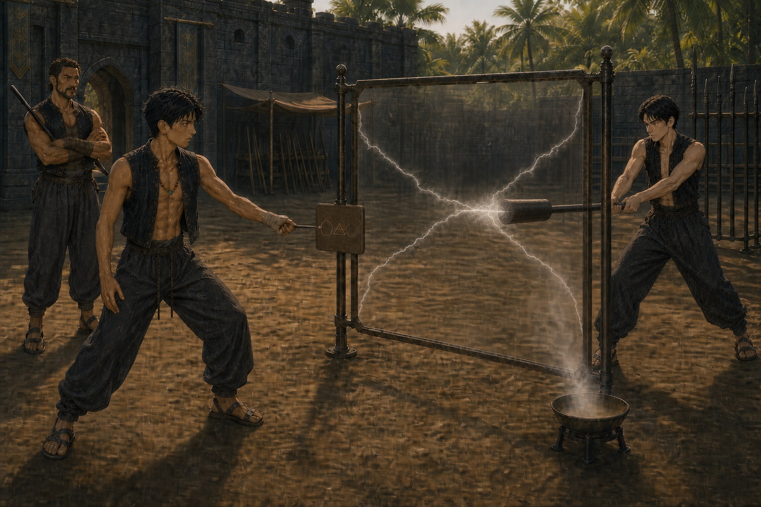In Thornfield's late-afternoon East Yard, Jack sustains a fragile transparent receiving ward from its inscribed clay control while Edric strikes the far side with a padded iron bar behind the frame's uprights and Master Draek watches.