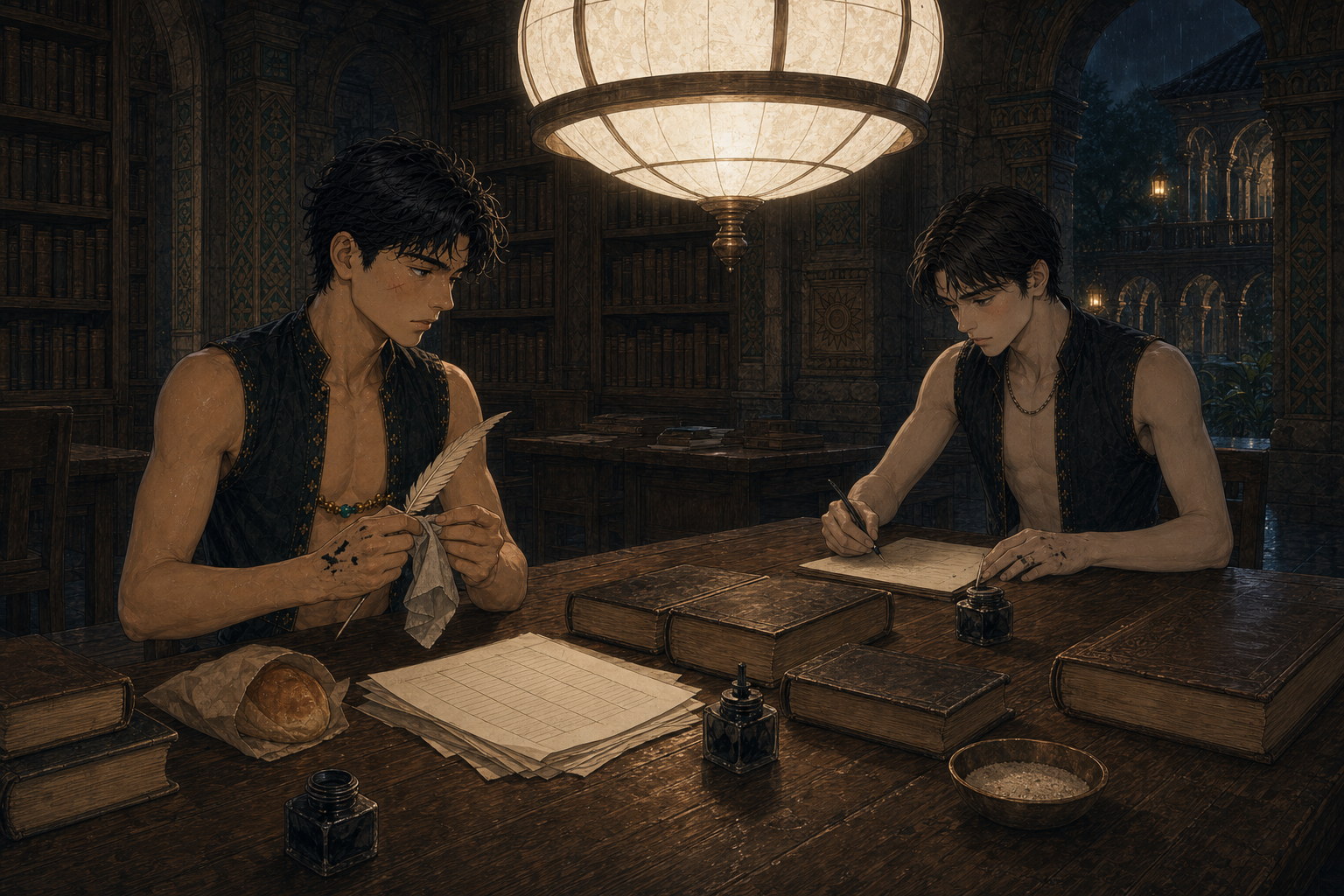 Beneath a sunlight-white reading globe in Thornfield's Athenaeum, Jack cleans an ink-stained quill beside his first orderly page while Edric continues his precise work across the table and gallery lamps burn outside the high windows.