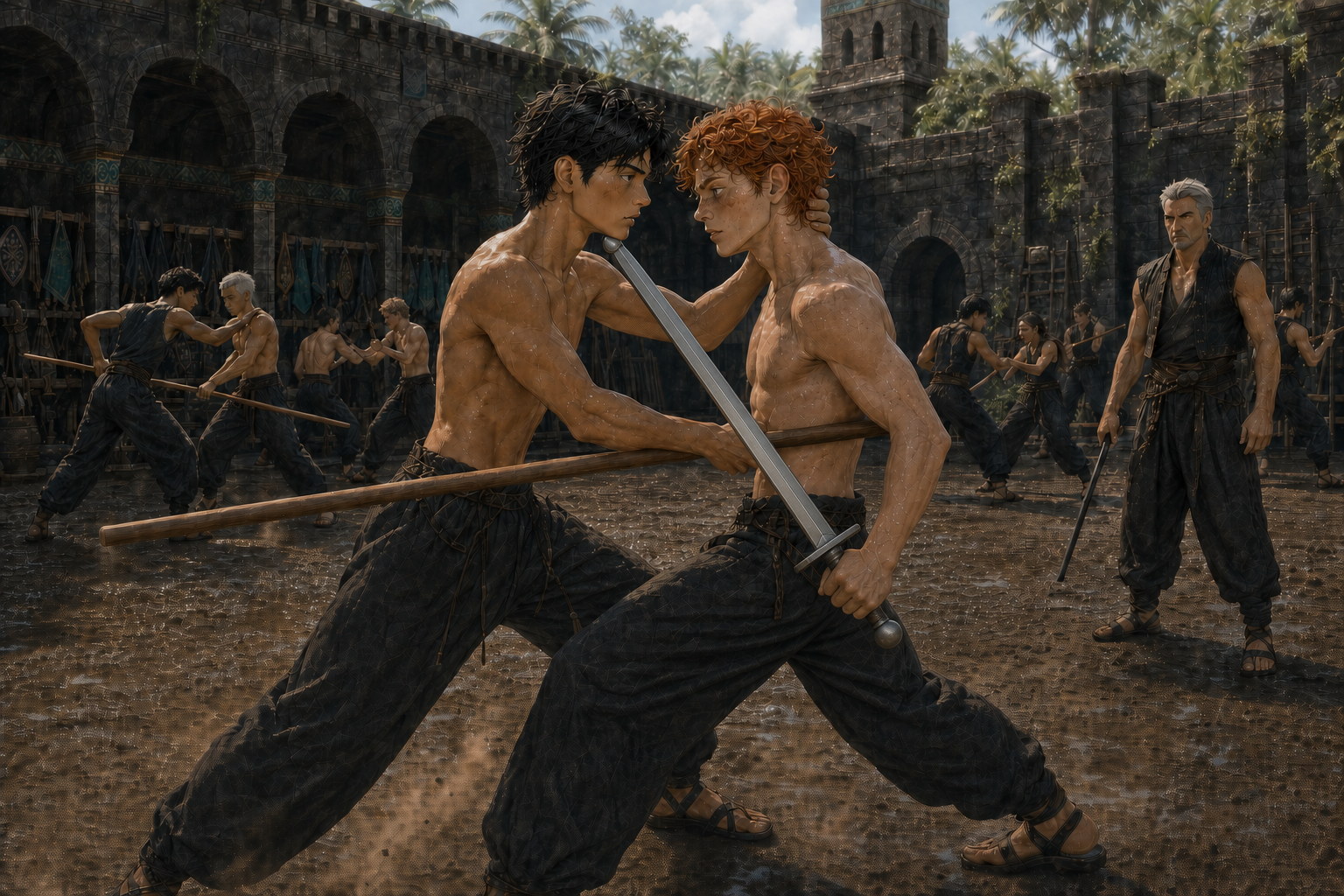 Bare-chested in Thornfield's rain-washed War Arts yard, Jack and Kai remain locked close after a simultaneous mark: Jack's ash staff rests against Kai's ribs while Kai holds one continuous capped practice sword beneath Jack's jaw and Master Draek watches.
