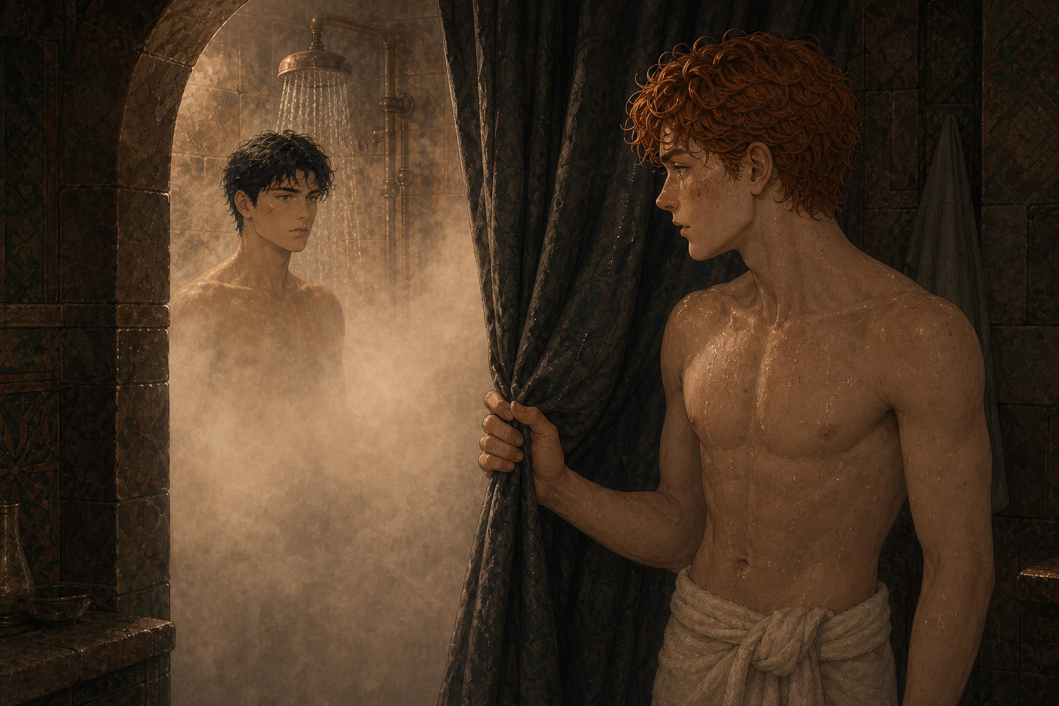 In the warm steam of the Academy showers, towel-wrapped Kai pauses with one hand on the curtain and looks soberly back toward Jack, whose upper body remains beneath the water inside the stall.