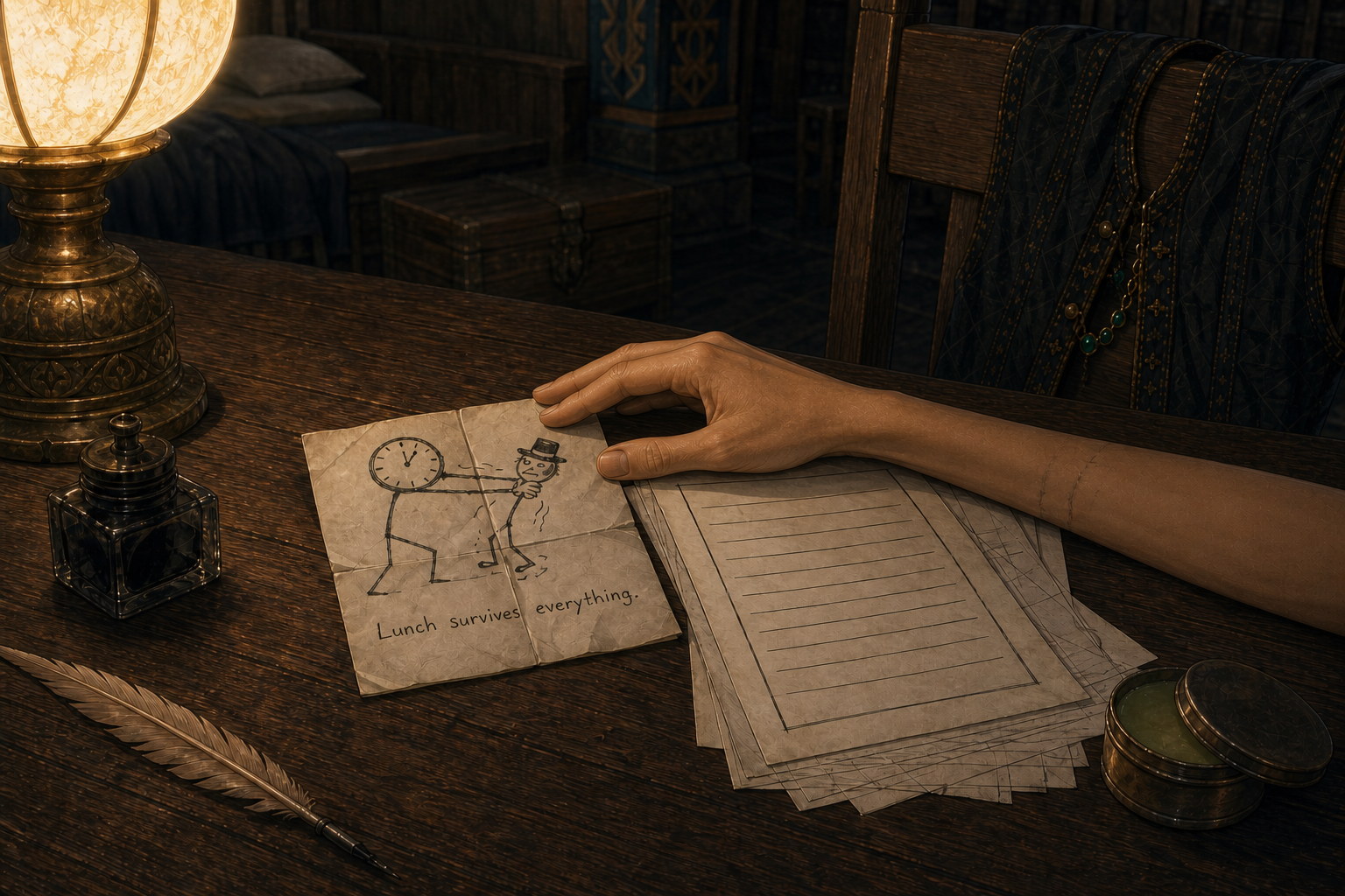 By warm lamplight in room twelve, Jack's fine-boned hand smooths the folded drawing of an angry clock and hatted stick figure beside his first clean research page; his emerald-and-gold vest hangs over the nearby chair.