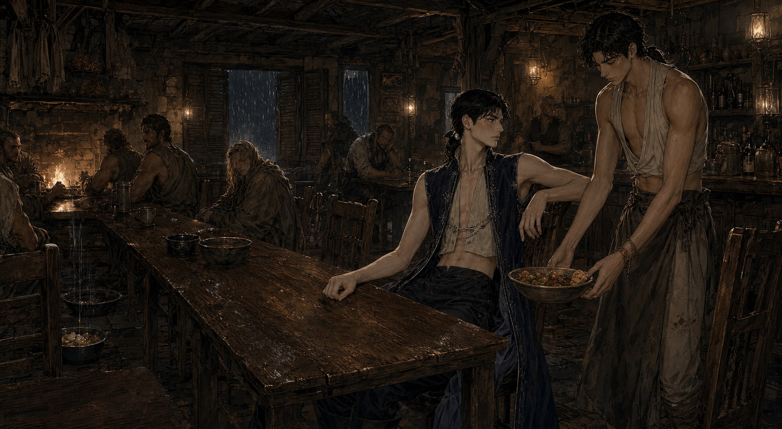 The finely dressed dead boy sitting alone at the long tavern table while Tobin serves him and the villagers keep their distance.