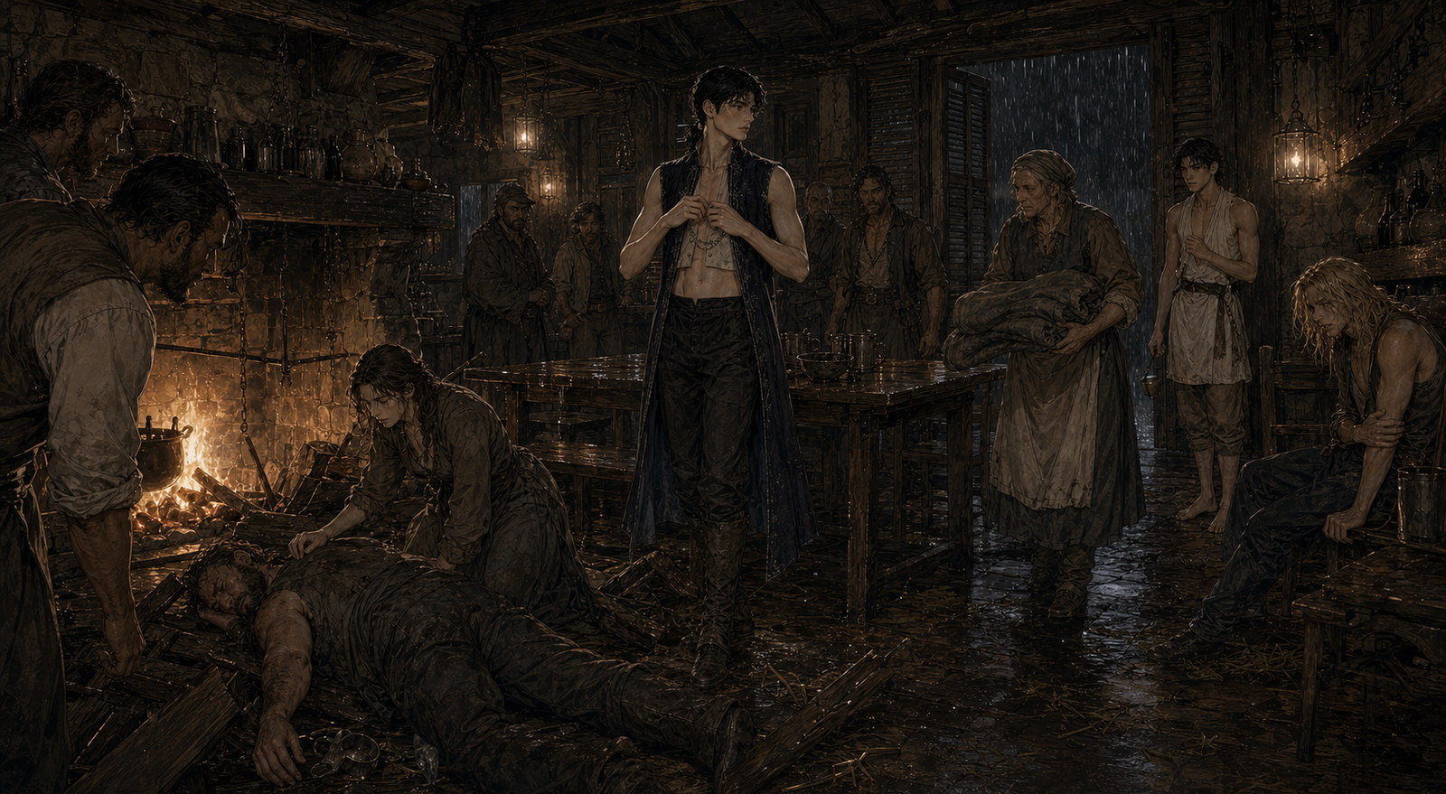 The dead boy calmly straightening his silver chain while villagers tend the unconscious Orren beside the broken bench.