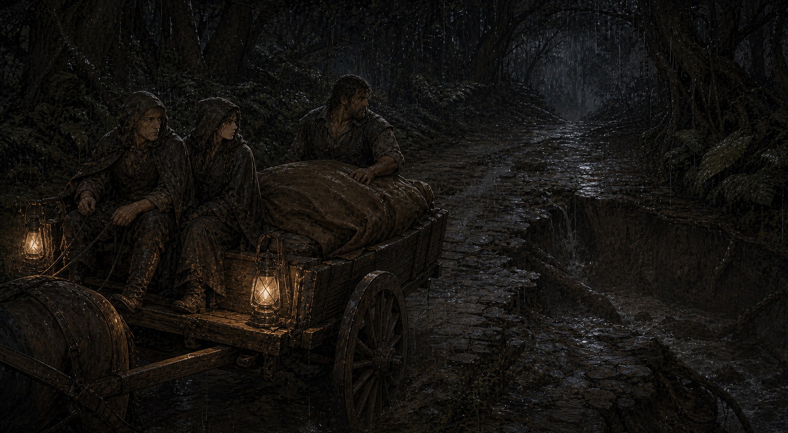 Three rain-soaked villagers carrying a completely covered body on a cooper's cart into the immense nighttime Thornwood.